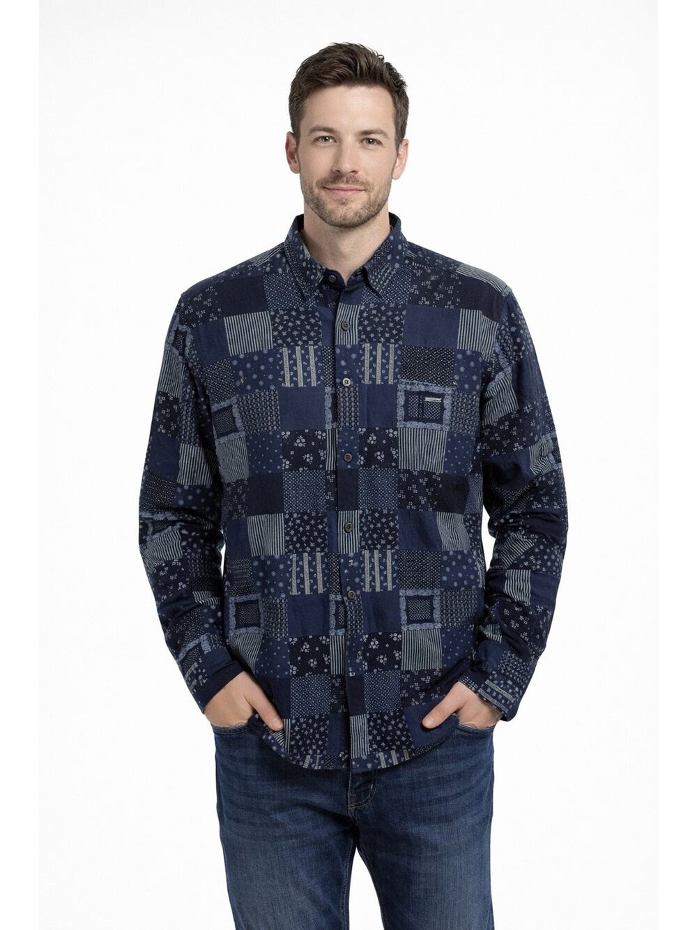 VDot Jeans Couture Blue Floral Patchwork Button Front Shirt Mens 39 US Medium